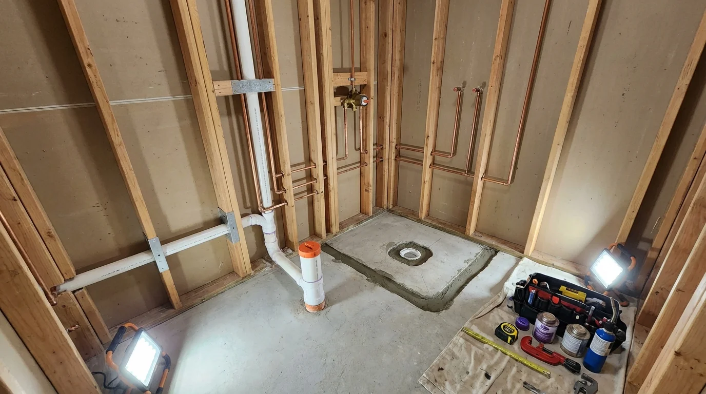 Bathroom rough-in plumbing during remodel by Johns Plumbing LLC in Hamilton