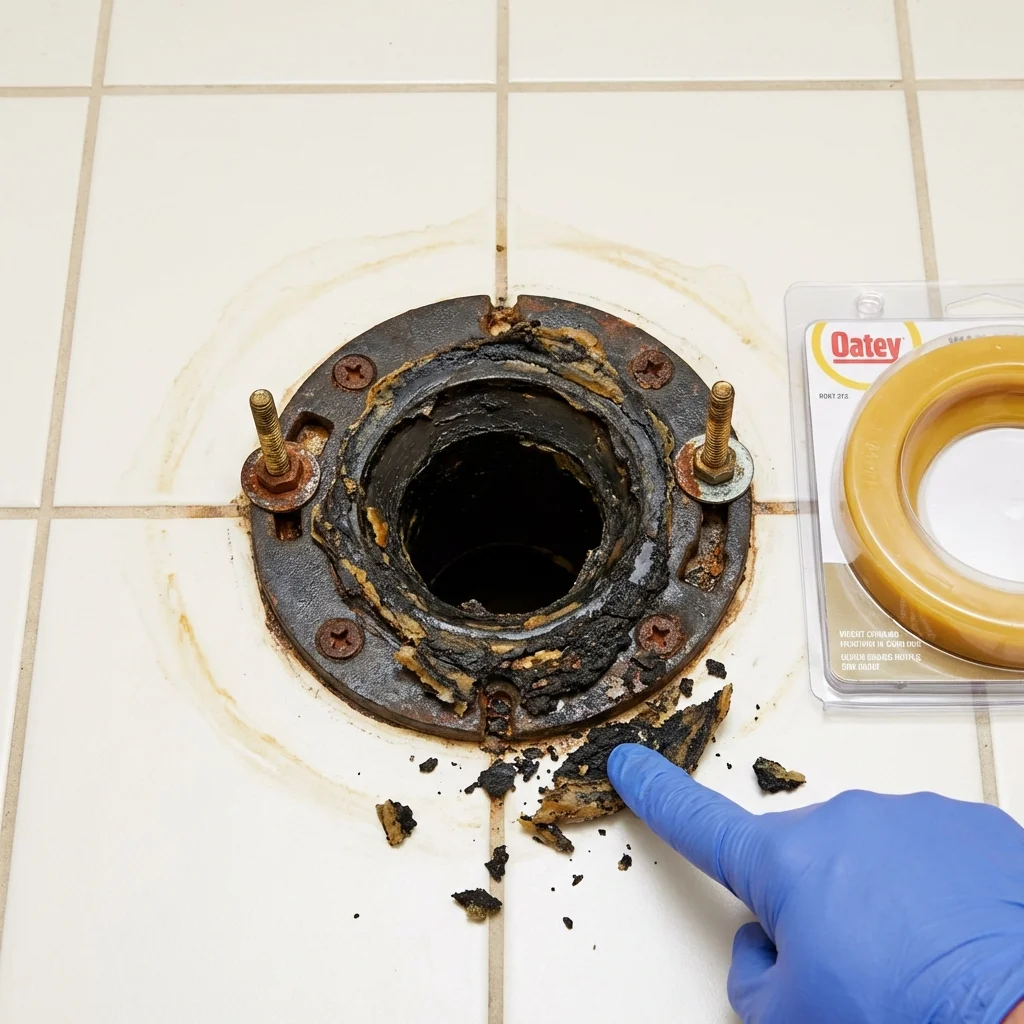 Failed wax ring showing water seepage at the base of a toilet in a Hamilton, MO home